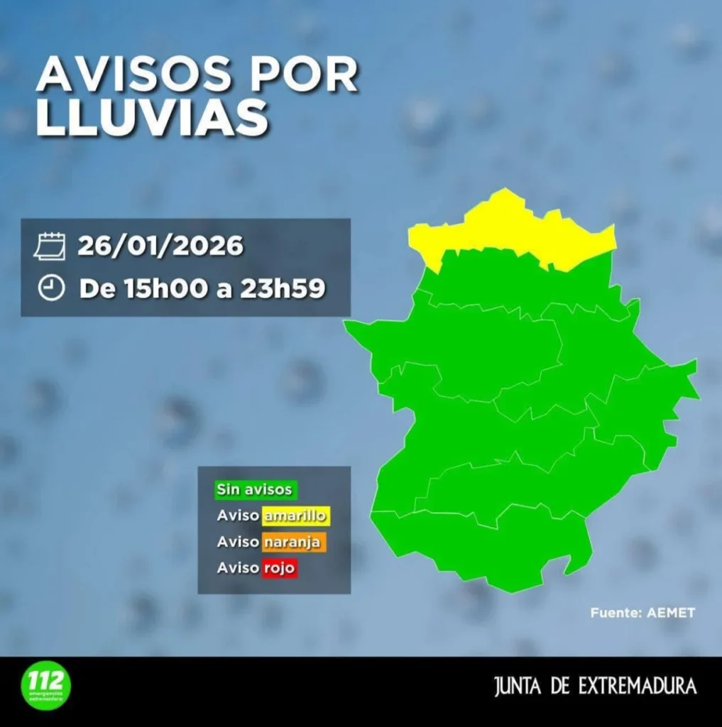 Aviso amarillo por lluvias intensas en el norte de Cáceres: hasta 40 litros en 12 horas este lunes